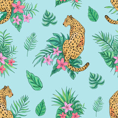 Tropic summer vector seamless pattern with leopard and tropical plants. Tropical botanical motives. Vector illustration. Summer decoration print for wrapping, wallpaper, fabric.