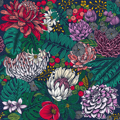 Tropical floral seamless background pattern with exotic flowers, palm leaves, jungle leaves. Botanical wallpaper illustrations in Hawaiian style