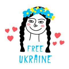 Ukrainian girl doodle,blue-yellow national colors,sign of country independence and democracy.Free Ukraine.Patriotic movement of hope victory in the war 2022.Isolated.Vector illustration