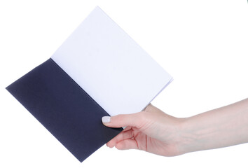 Empty white black diary notebook in hand on white background isolation