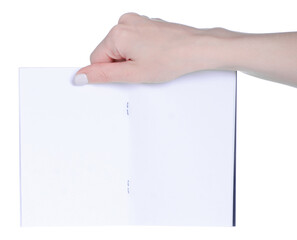 Empty white black diary notebook in hand on white background isolation