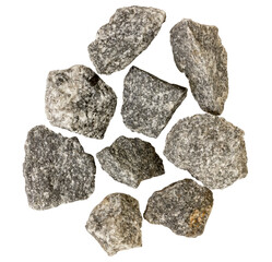 Gray gravel isolated on white background. Stones isolate, top view.