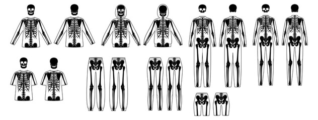 Set of Skeleton costume Human bones on shirts, pants front back view men women, boy, girl for Halloween, festivals, printing on clothes flat black color concept Vector illustration of anatomy isolated