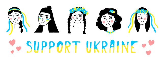Ukrainian girls doodle set,blue-yellow national colors,sign of country independence and democracy.Patriotic movement of hope victory in the war 2022. Isolated. Support Ukraine.Vector illustration