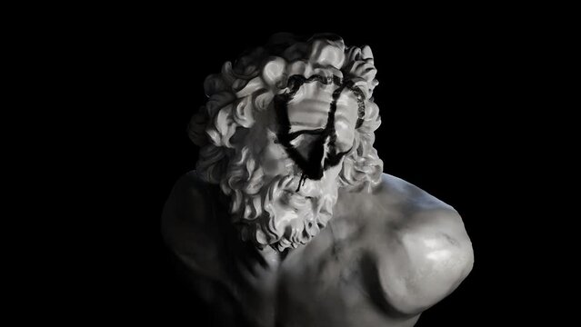 Bust of Laocoon, 3D visualization. A crying Laocoon with the graffiti of the pacificus sign on his face, the concept of suffering because of the peacemakers.