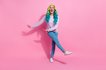 Full body image of good mood laughing female have fun dancing nightclub weekend isolated on pink color background