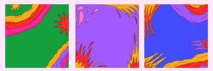 set of abstract background cards-psychedelic 1970 good vibes.Square retro templates for social media.Text box funky 70s with fire, stars, rainbow.Hippie vintage frames.groovy wallpaper with shapes	