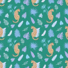 Tropic summer vector seamless pattern with leopard and tropical plants. Tropical botanical motives. Vector illustration. Summer decoration print for wrapping, wallpaper, fabric.