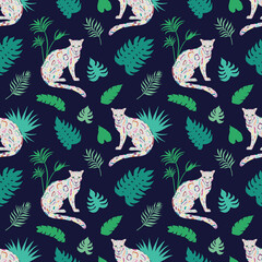 Tropic summer vector seamless pattern with leopard and tropical plants. Tropical botanical motives. Vector illustration. Summer decoration print for wrapping, wallpaper, fabric.
