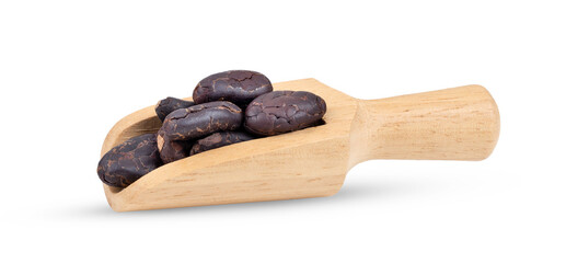 Cocoa in wood scoop isolated on white