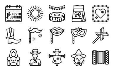 Fototapeta premium Festa junina related line icon set