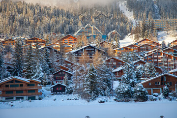 Mountain resort in the Swiss Alps in winter - 509166130