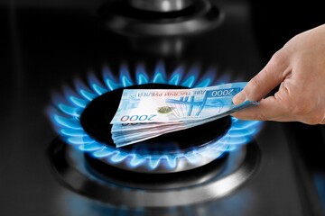 Gas burner and ruble coin, Russian money on home gas stove. Concept of Russia and Europe economy,...