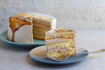 Layered caramel torte cake, sliced