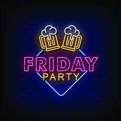 Friday Party Neon Sign On Brick Wall Background Vector