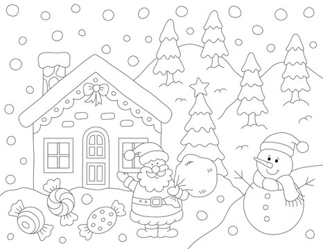 little christmas house in a winter landscape, falling snow, candy and a cute snowman and santa claus welcoming. detailed coloring page for kids