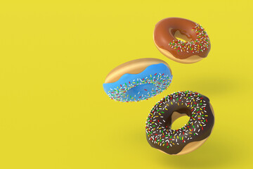 Flying donuts on yellow background. Homemade bakery. Break time. Sweet dessert. Fast street food. Copy space. 3d render