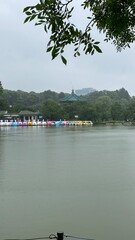 The dim weather, rainy cloudy Ueno park Tokyo Japan, the Japanese temple in the back year 2022 June 6th
