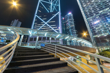 High rise office buildings in Central district of Hong Kong city at night