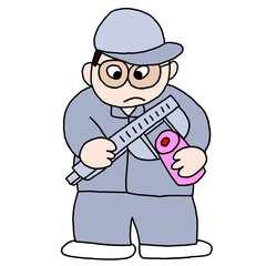 ノギスで測定する男性