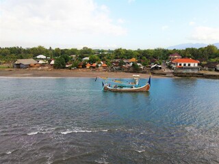 Fototapeta na wymiar Beautiful aerial view - Natural panorama, Fishing boats on the coast of Bali-Indonesia.