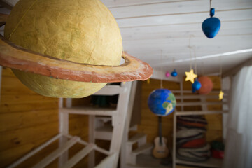 Space System toy. Decorative toys from papier-mache for a children's holiday. Early development.