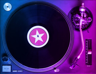 DJ turntable with blue and pink lighting playing vinyl record. Colorful music party background