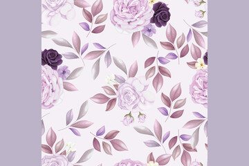 Beautiful seamless pattern beautiful purple flower and leaves Premium Vector
