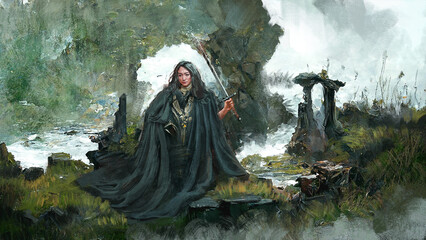 Digital painting of a female battle mage protecting her swamp territory from invaders - fantasy illustration