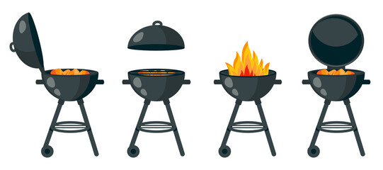 Black bbq grill isolated.  Set of different braziers with hot coals, lid, fire, charcoal. Vector cartoon illustration for barbeque card design, poster, holiday template, summer picnic - obrazy, fototapety, plakaty