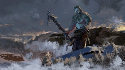 Digital painting of a ice hill giant walking through a valley with a giant stick - fantasy 3d illustration