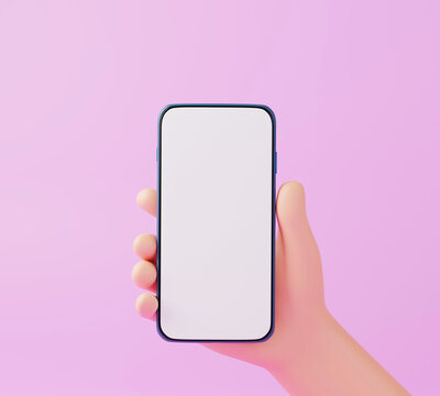 3D cartoon hand holding smartphone, 3D render illustration