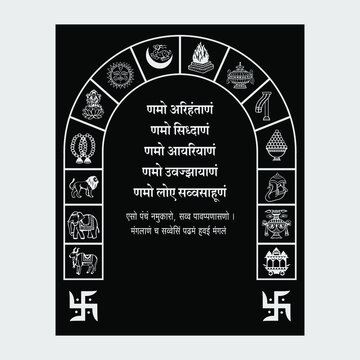 vector art of twelve dreams Jainism Jain religion Namokar Mantra Translation-Namo Arihantanam,namo siddahan,namo aayriyanam,namo uwazzayanam, Namo sawwasahunam.
