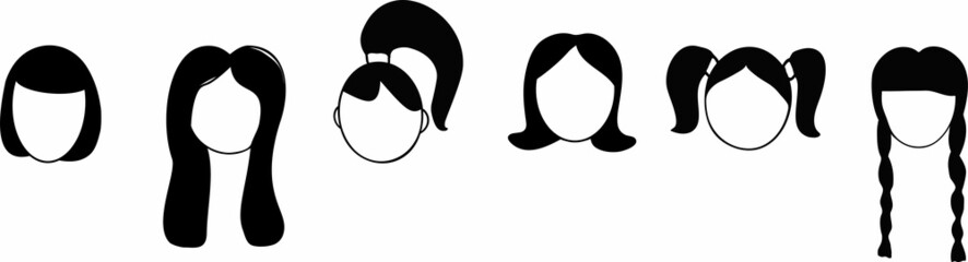 A set of icons of female avatars, without a face. Different hair, hairstyle. Six vector cartoon black and white contour elements. Templates for icons, colorings, portraits, etc.