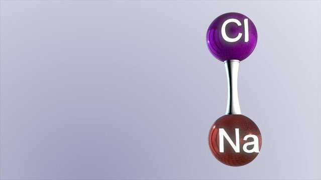 High quality CGI render of a scientific molecular model of a sodium chloride molecule, with space on the left of screen to add information or data