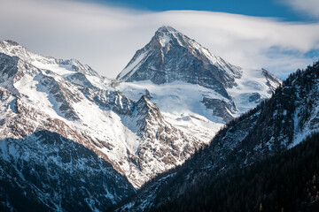 Dent Blanche mountain, covered by snow, in winter in the Swiss Alps