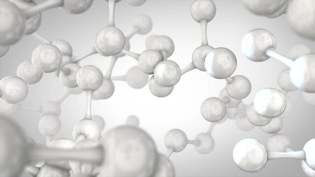 High quality CGI render of an abstract plastic molecular model in a white color theme, with a smooth dollying camera move and beautiful depth of field