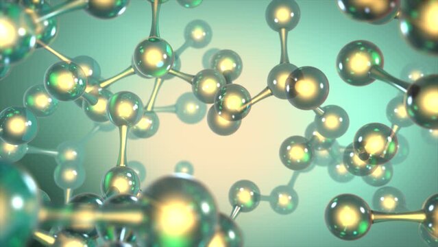High quality CGI render of an abstract glass molecular model in a teal and orange color theme, with a smooth dollying camera move and beautiful depth of field