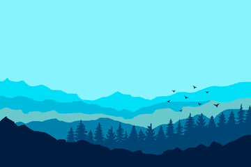 Wallpaper in natural concept. Peaceful landscape. Minimalist style. Monotonous colors. Silhouettes of mountains. Slopes, relief. Panoramic image.