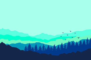 Wallpaper in natural concept. Peaceful landscape. Vector illustration. Minimalist style. Monotonous colors. Silhouettes of mountains. Slopes, relief. Panoramic image.