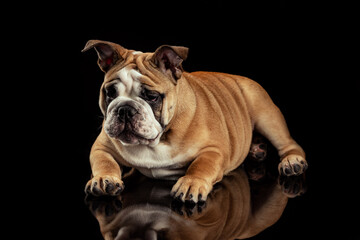 Obraz premium Studio shot of sand color dog, bulldog isolated over black studio background. Concept of motion, beauty, fashion, breeds, pets love, animal