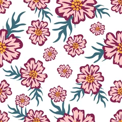 Behang Pink flowers on white background. Floral seamless pattern © Logvin art
