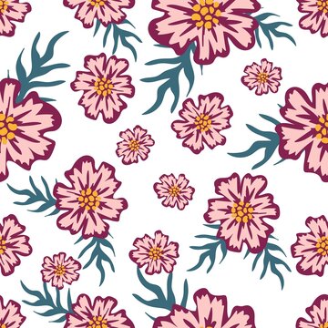Pink flowers on white background. Floral seamless pattern © Logvin art
