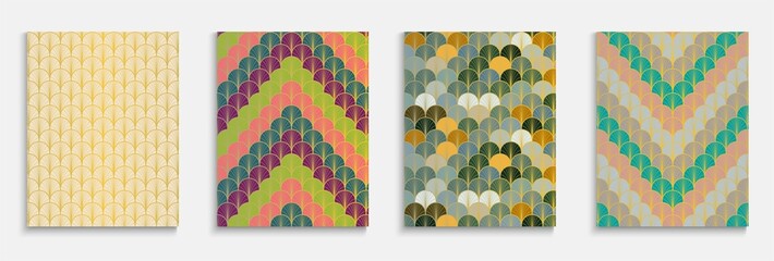 Chinese Gold Fan Funky Cover Set. Elegant Halftone Pattern. Geometric Stripes Template. Asian Retro Layout Set. Trendy Dynamic Boho Textile Backgroud. Bright Color Ethnic A4 Design.