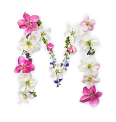 Letter M of flowers apple tree and blue wildflowers forget-me-nots on white background. Top view, flat lay