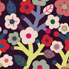 Cute minimalistic seamless pattern witn  multicolor flowers on dark background. Stylish flower design for textile, wallpaper, dresses and ect.