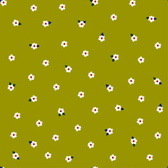 Vector  floral seamless pattern. Simple and cute white tinny flowers on green  background. Floral endless print for fabric design. 
