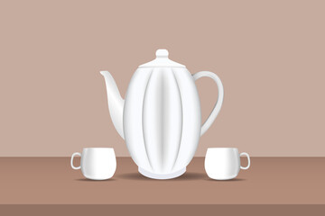 The Teapot and Two Cups Design, On A Brown Background Table With Traditional Shades, Can Be Used For Your Tea Design Needs.