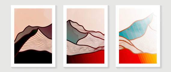 Set of abstract mountain wall art template. Elegant line art, hills, lines, watercolor texture, gradient color. Collection of luxury wall decoration perfect for decorative, interior, prints, banner.