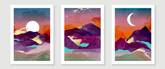 Set of abstract mountain wall art template. Sun, moon, hills, colorful watercolor, gold foil texture. Collection of luxury landscape wall decoration perfect for decorative, interior, prints, banner.
